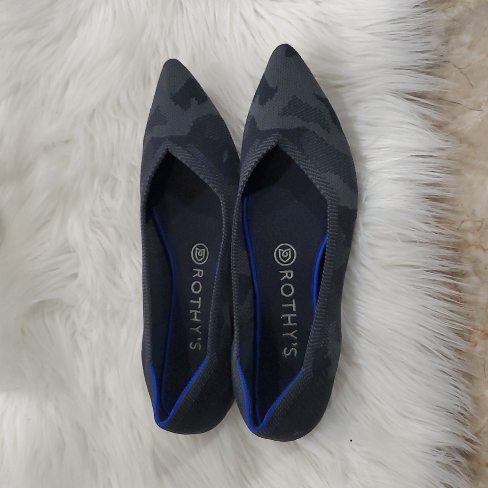 Rothy's The Point  Gray Camo  Flats with Sleek Pointed Toe and Blue Trim - Picture 9 of 16